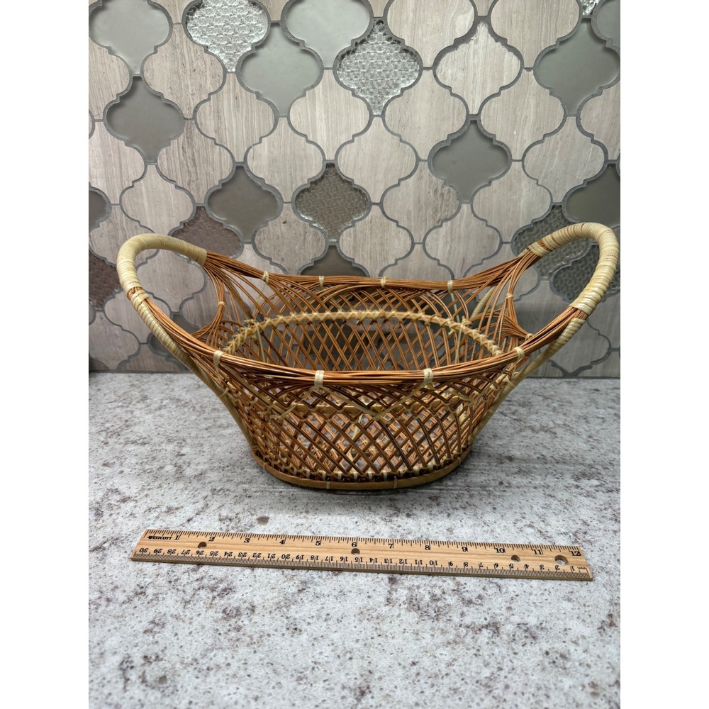 Vintage Wicker Basket Oval Open Weave Lattice Rattan Style Double‎ Handle Brown